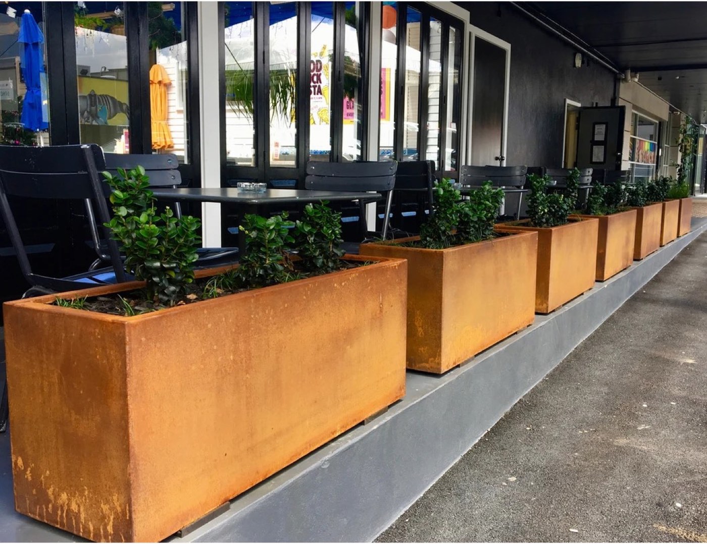 A second view of a rectangular corten planter box.