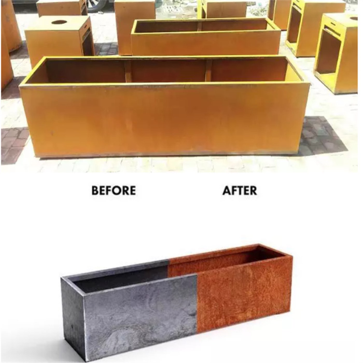 Before and after weathering: newly made planters in factory stock above, and below a single planter half in raw mill finish and half weathered to rust.