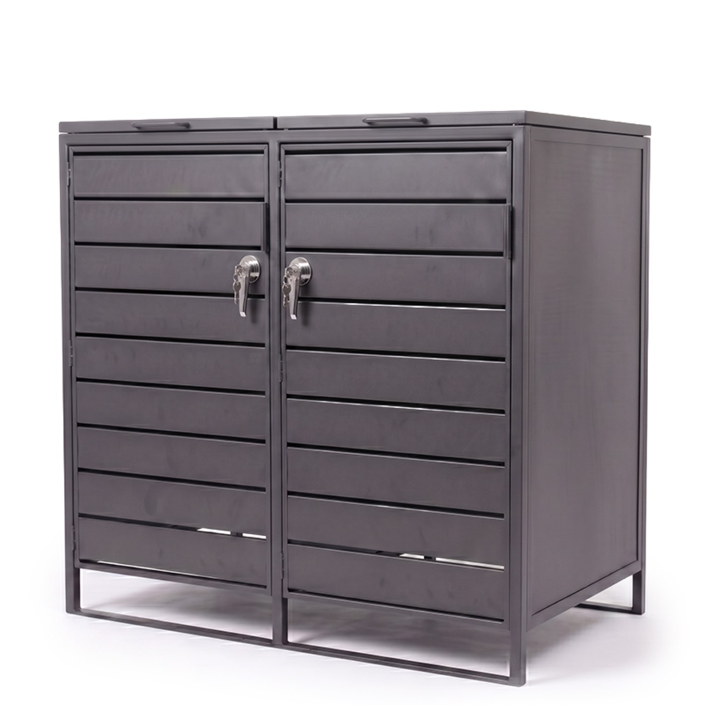 The enclosure with both doors closed, showing the slatted grey powder-coated front, two key locks side by side, and the open steel frame at the base.