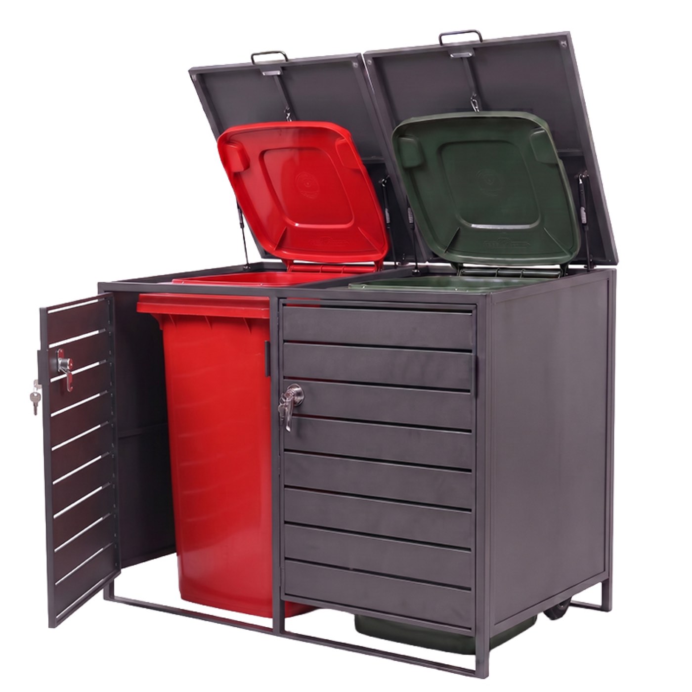 One compartment open at both the door and the lid.