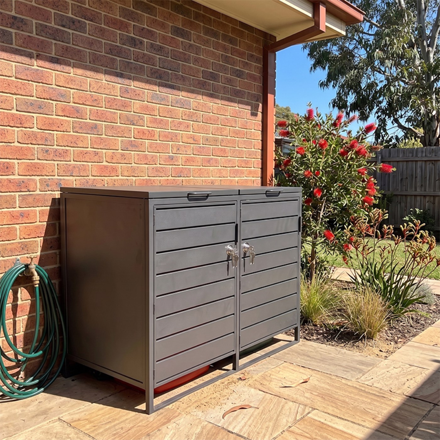The enclosure in position outdoors in a residential setting.