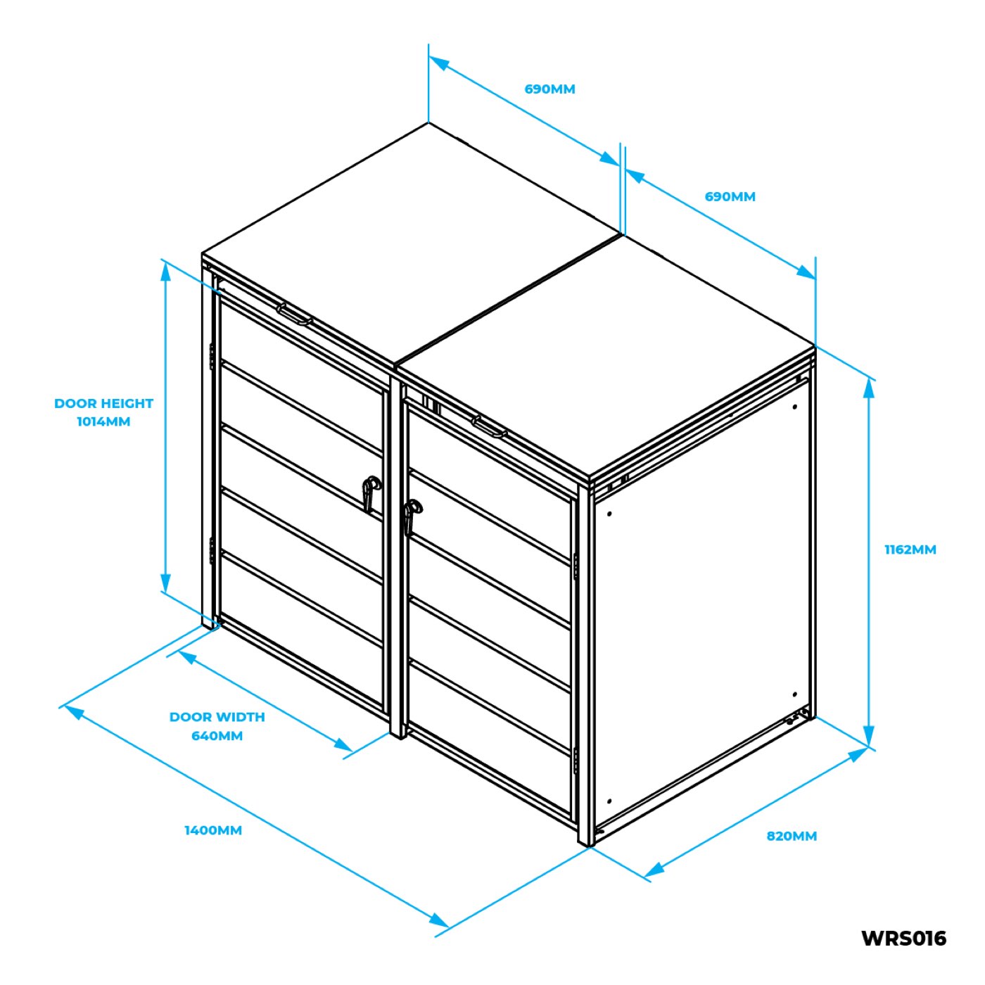 Dimensioned isometric drawing: 1400 mm wide, 820 mm deep, 1162 mm high overall, with two 690 mm lid sections, door width 640 mm and door height 1014 mm.