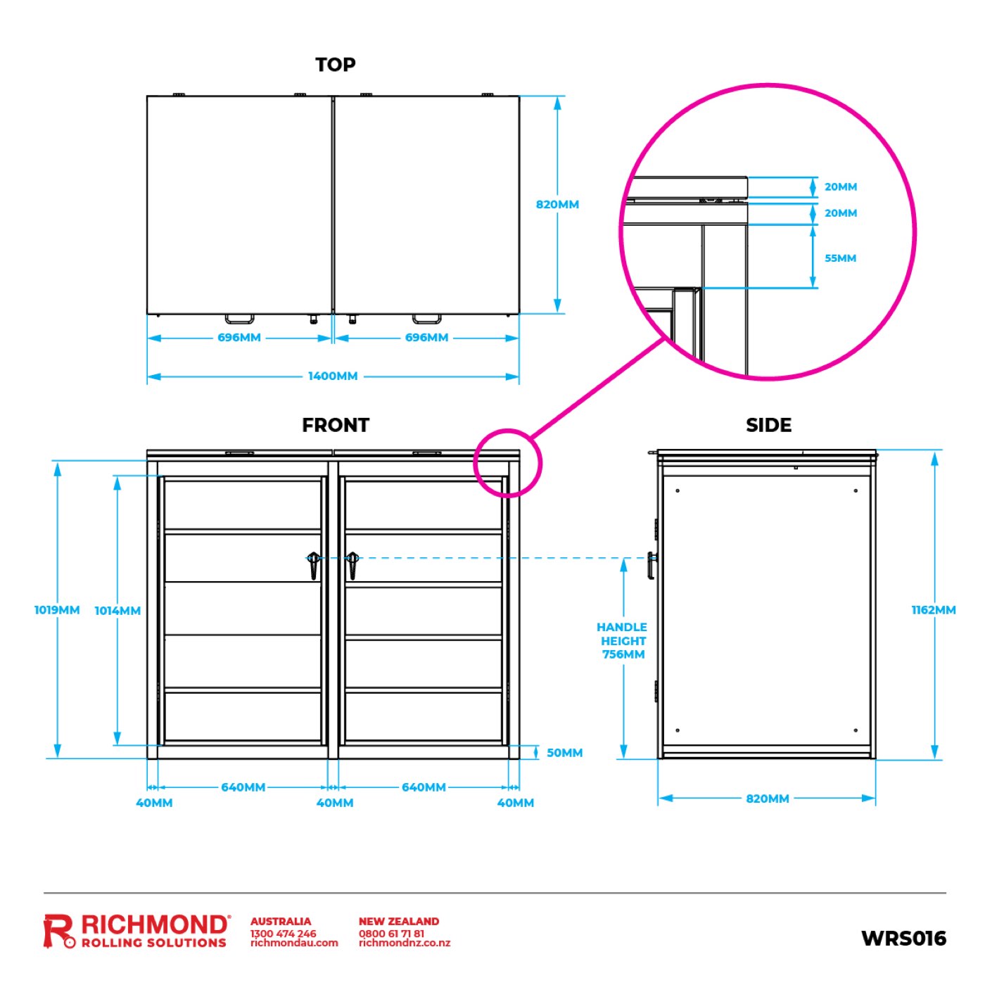 Engineering drawing with top, front and side elevations: 1400 x 820 mm plan with two 696 mm lids, doors 640 mm wide with 40 mm gaps and 50 mm clearance below, 1162 mm high, handle height 756 mm.