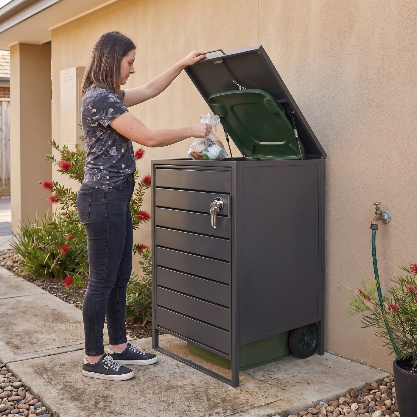 A person lifting the lid to put waste in, giving a sense of the enclosure's height against an adult.